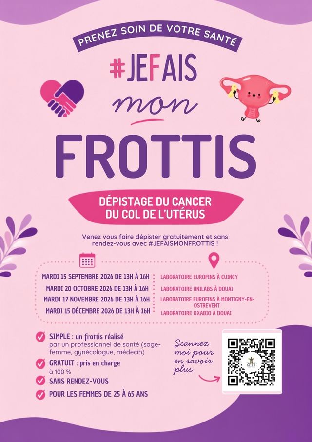 La CPTS Grand Douai facilite l’accès au dépistage du cancer du col de l’utérus grâce au dispositif #JEFAISMONFROTTIS : des permanences gratuites, sans rendez-vous et réalisées par des professionnels de santé.