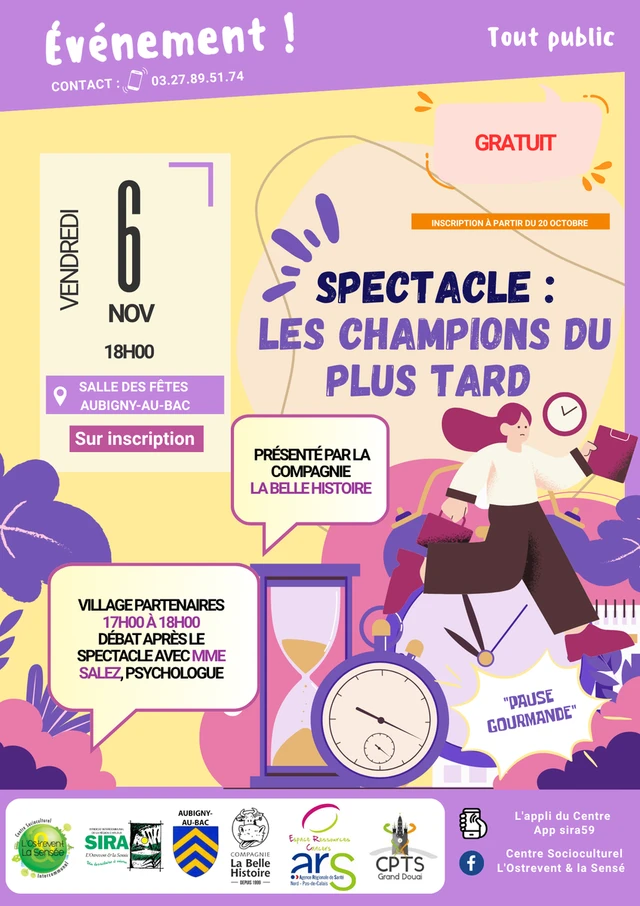 Stand de prévention avant le spectacle-débat "Les champions du plus tard" à Aubigny-au-bac