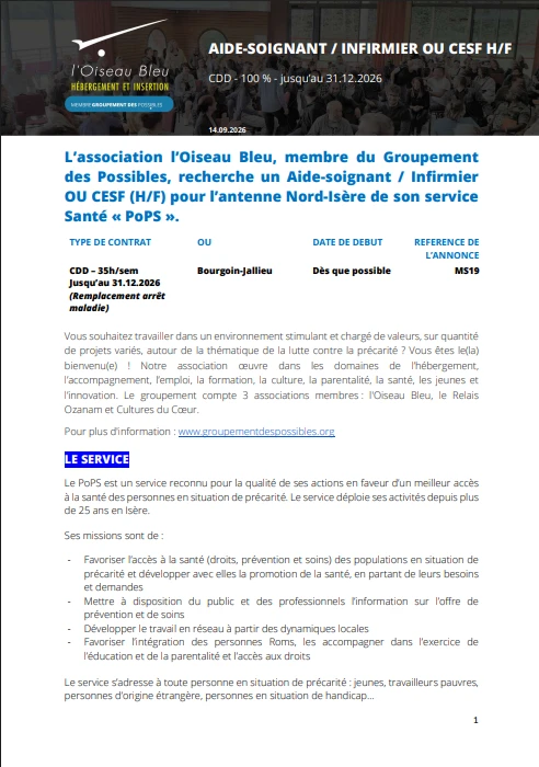 Recherche un Aide-soignant / Infirmier OU CESF (H/F)