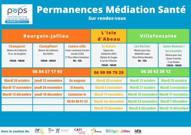 Calendrier des permanences santé du PoPS pour le 4ème trimestre de 2026.