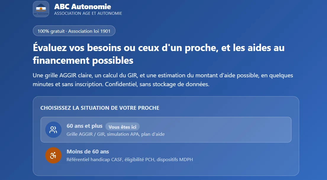 ABC Autonomie est un outil gratuit et confidentiel développé par l’association Âge et Autonomie, association loi 1901 à but non lucratif